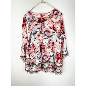 Soft Surroundings Size XL Rosada Blouse Pom Poms 3/4 Sleeve
